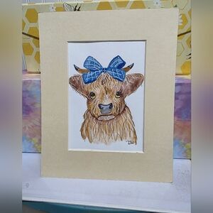 Hand Crafted Highland Cow  Mixed Media Art/matted